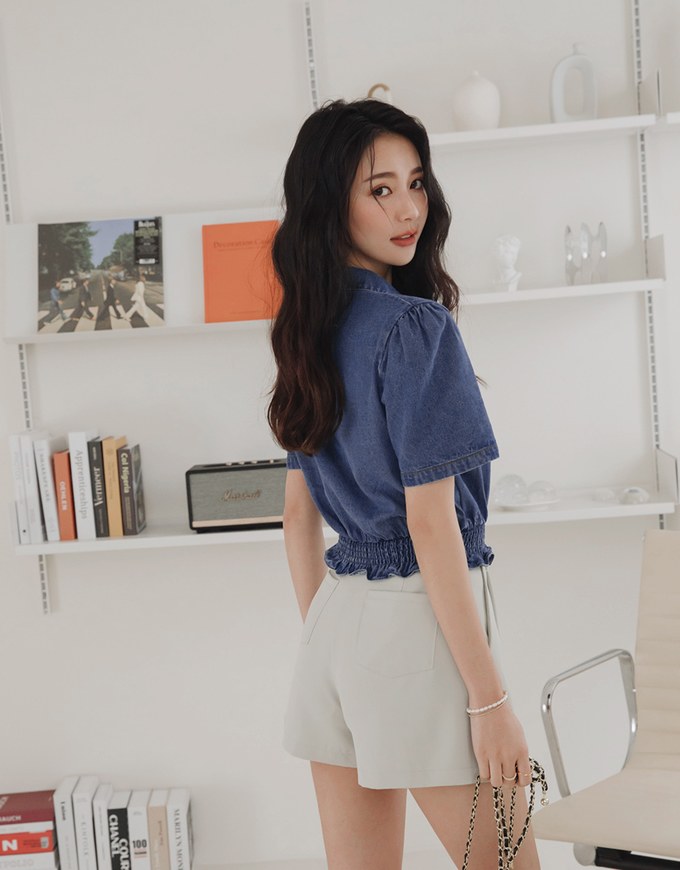 Button Front Cinched Waist Denim Jeans Crop Top