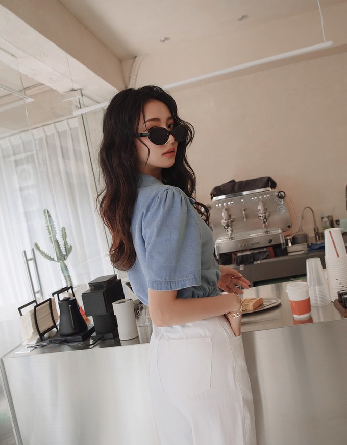 Button Front Cinched Waist Denim Jeans Crop Top