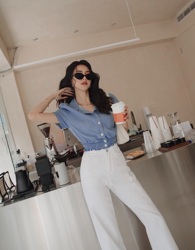 Button Front Cinched Waist Denim Jeans Crop Top