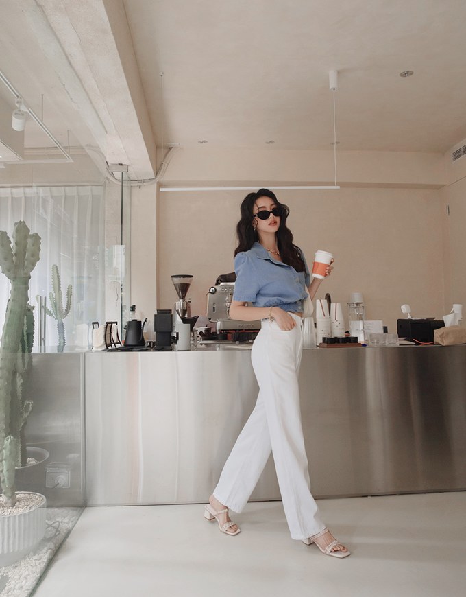 Button Front Cinched Waist Denim Jeans Crop Top