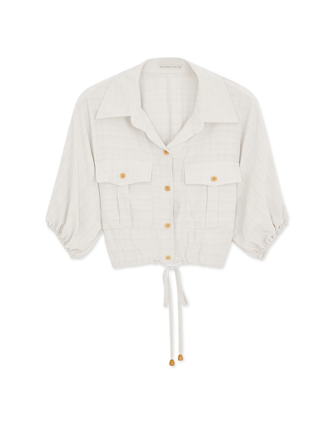 Sheer Gingham Hem Drawstring Pocket Blouse Shirt