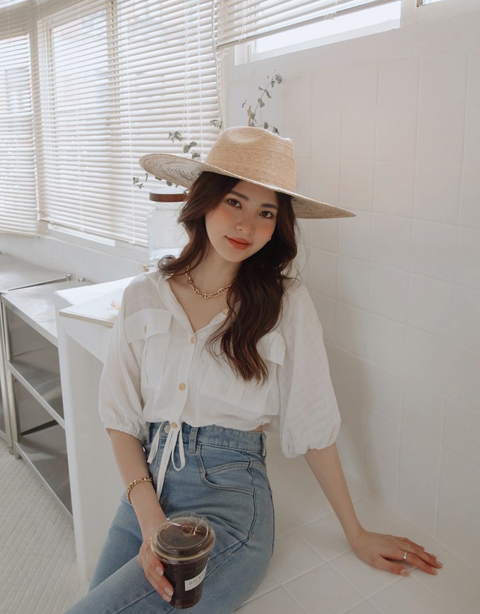 Sheer Gingham Hem Drawstring Pocket Blouse Shirt