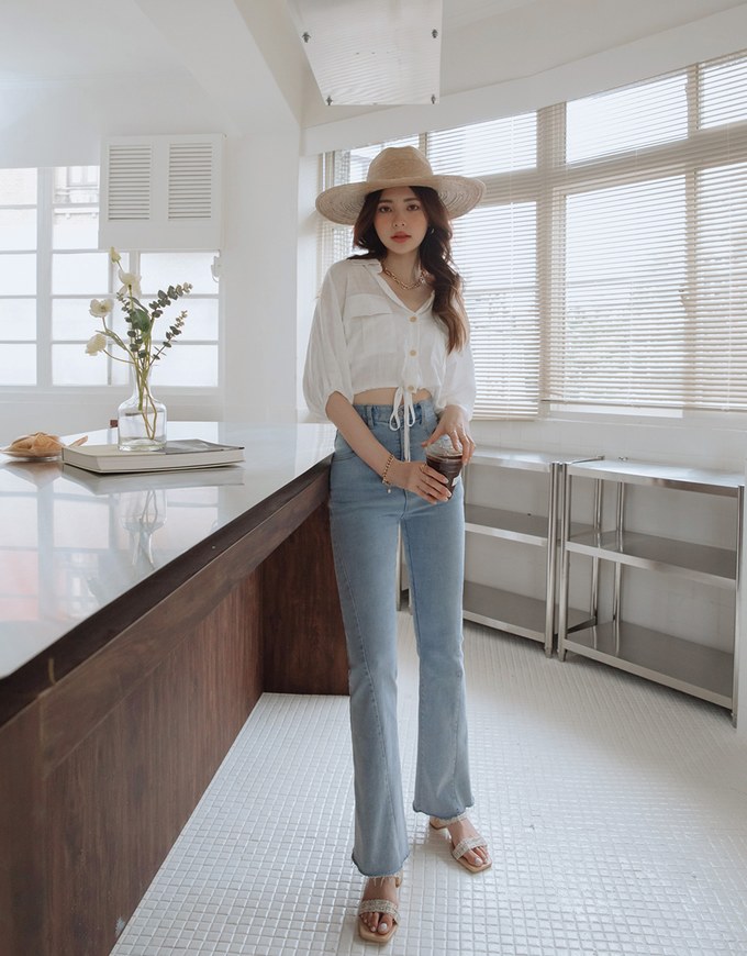 Sheer Gingham Hem Drawstring Pocket Blouse Shirt