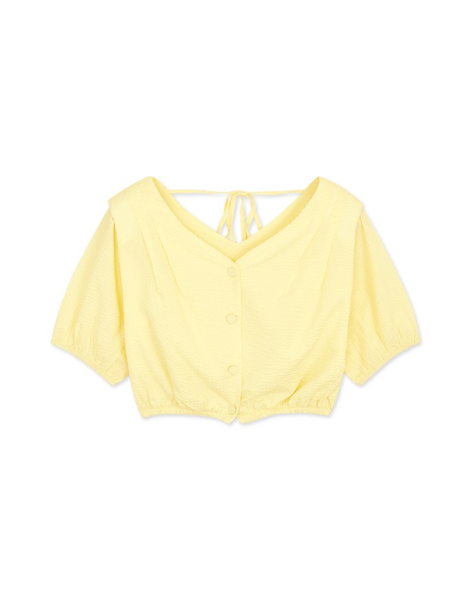 Whimsical Textured Cinched Waist Crop Top (With Shoulder Pads)