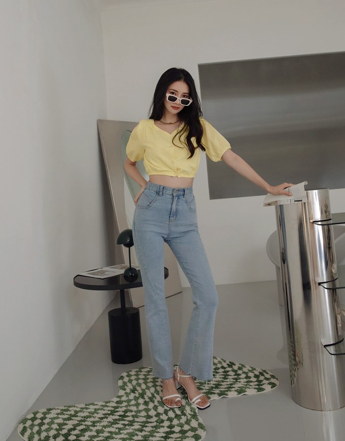 Whimsical Textured Cinched Waist Crop Top (With Shoulder Pads)