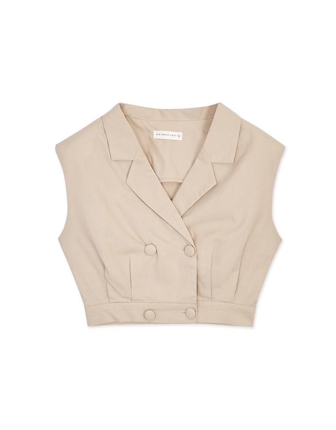 Smart Casual Cotton Linen Suit Collar Crop Top (With Shoulder Pads)