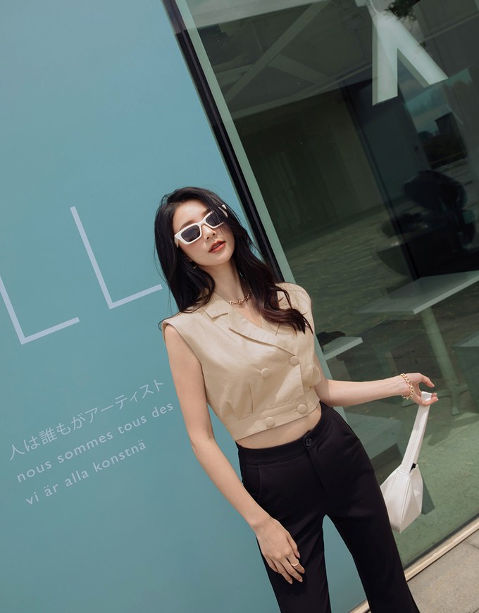 Smart Casual Cotton Linen Suit Collar Crop Top (With Shoulder Pads)