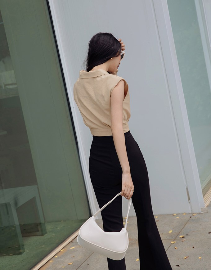 Smart Casual Cotton Linen Suit Collar Crop Top (With Shoulder Pads)
