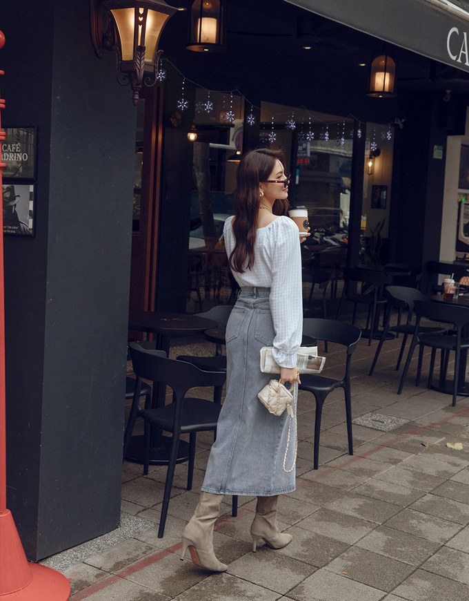 Side Slit Design Denim Jeans Midi Skirt