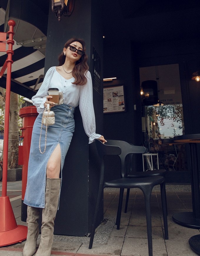 Side Slit Design Denim Jeans Midi Skirt