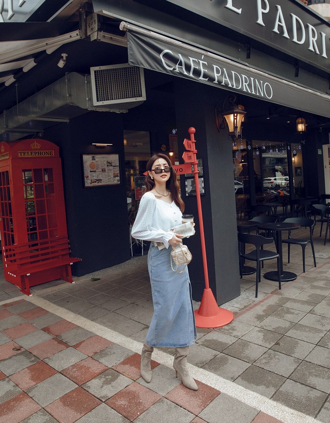 Side Slit Design Denim Jeans Midi Skirt