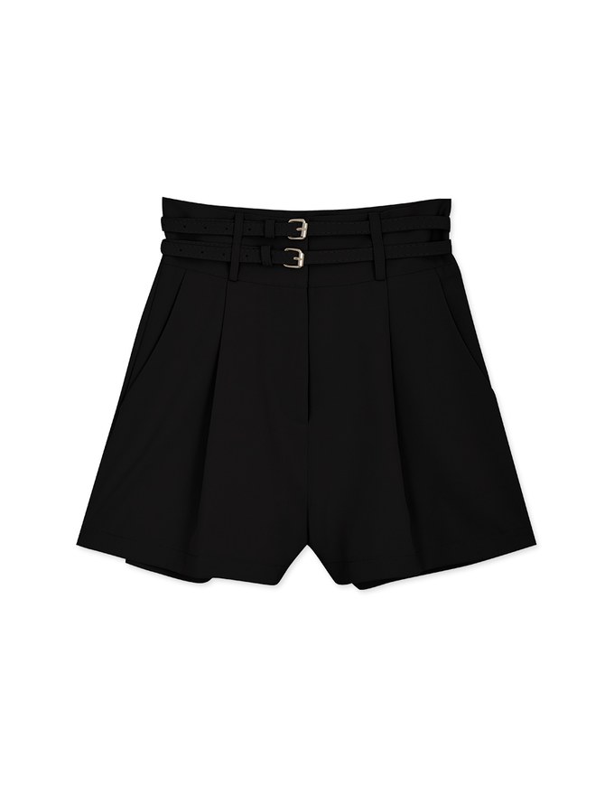 High Waisted Double Belted Pleated Shorts