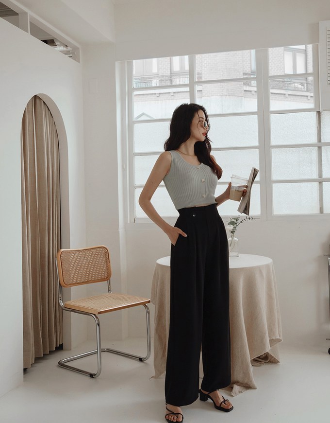 360° High Waisted Side-Button Pleated Wide Pants
