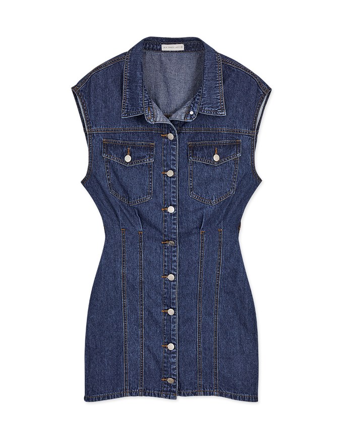 Sleeveless Button Down Pleated Denim Jeans Jeans Mini Dress