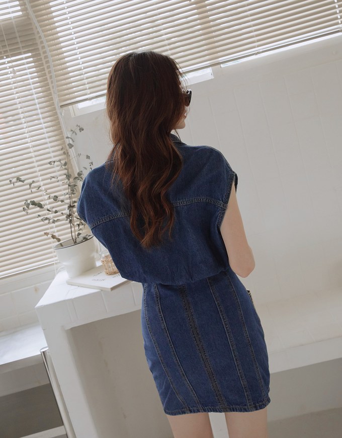 Sleeveless Button Down Pleated Denim Jeans Jeans Mini Dress