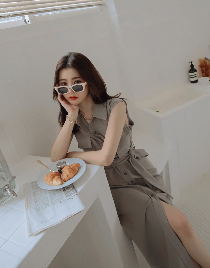 Smart Casual 2WAY Sleeveless Shirt Maxi Dress (With Sash)