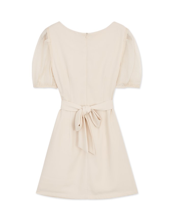 Classy Demure Splice Mesh Sleeve Tie-Back Mini Dress
