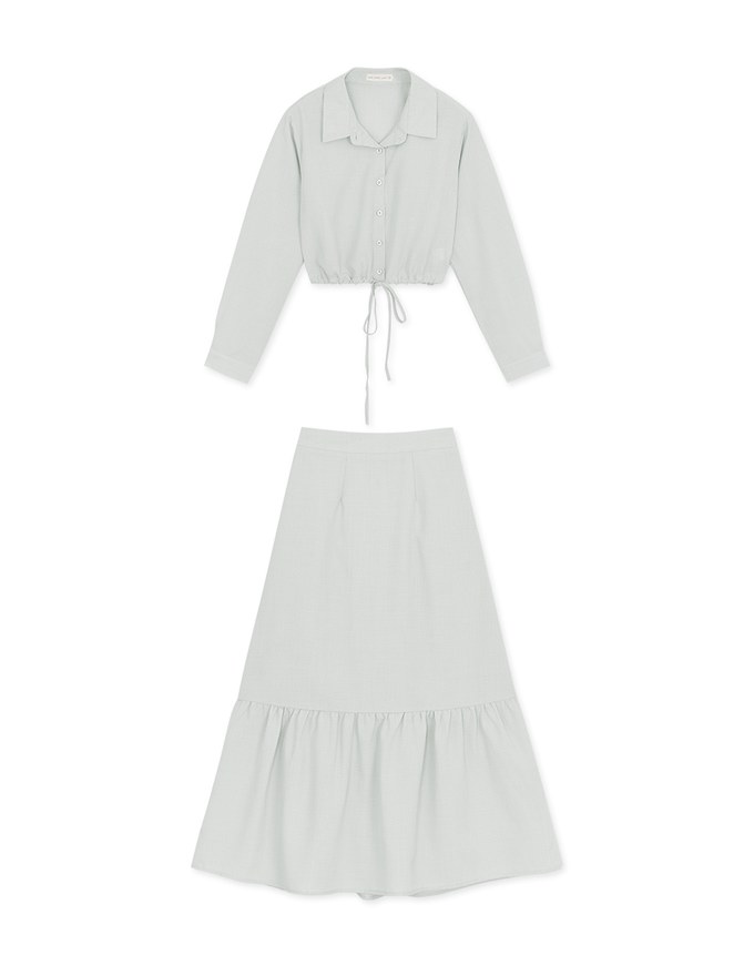 Elegant Drawstring Blouse Shirt + Peplum Maxi Skirt Set Wear