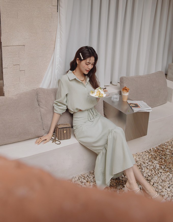 Elegant Drawstring Blouse Shirt + Peplum Maxi Skirt Set Wear