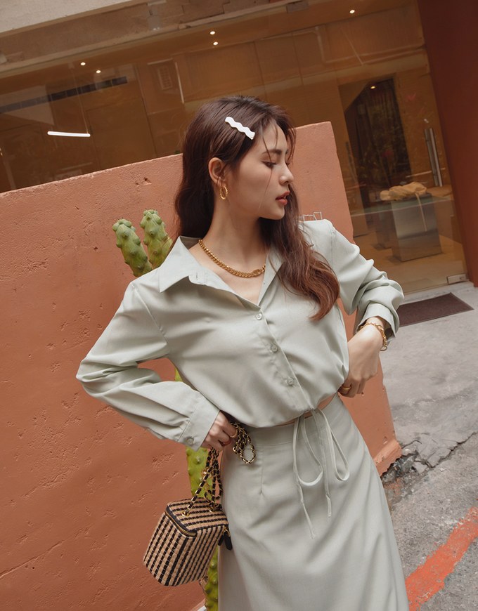 Elegant Drawstring Blouse Shirt + Peplum Maxi Skirt Set Wear