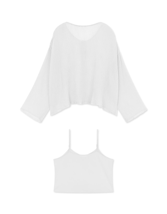 Wrinkled Sheer Collarless Shirt Set Wear