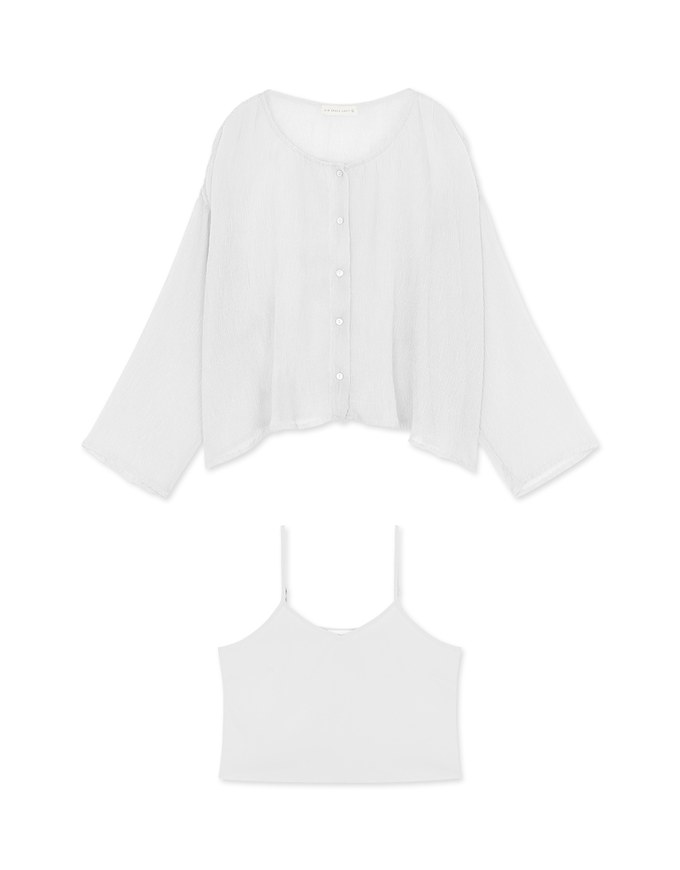 Wrinkled Sheer Collarless Shirt Set Wear