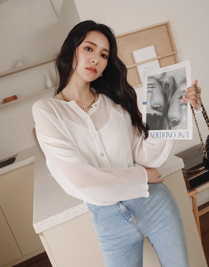 Wrinkled Sheer Collarless Shirt Set Wear