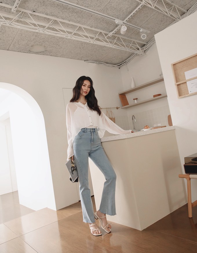 Wrinkled Sheer Collarless Shirt Set Wear