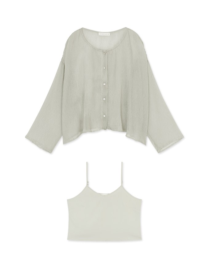 Wrinkled Sheer Collarless Shirt Set Wear