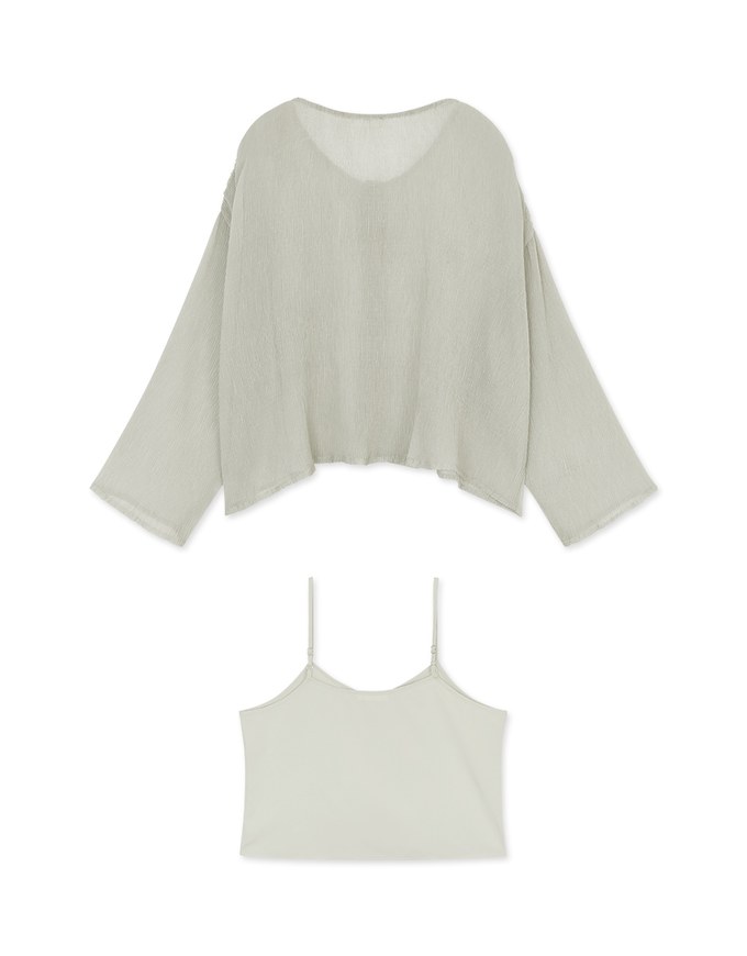 Wrinkled Sheer Collarless Shirt Set Wear