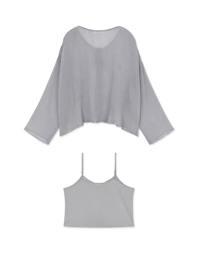 Wrinkled Sheer Collarless Shirt Set Wear