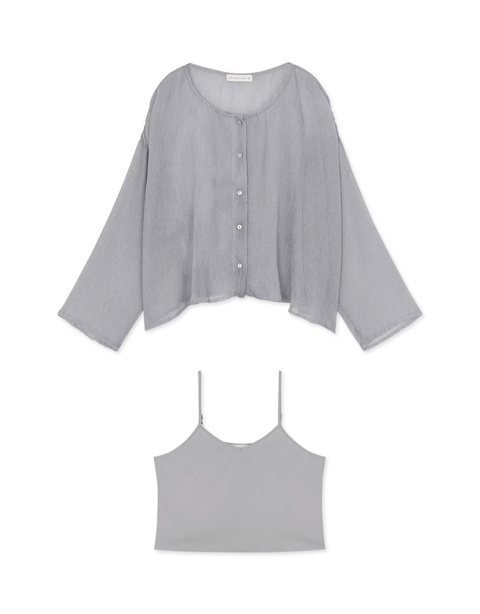 Wrinkled Sheer Collarless Shirt Set Wear