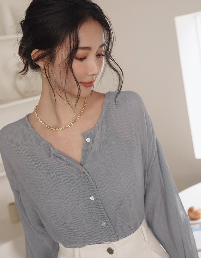 Wrinkled Sheer Collarless Shirt Set Wear