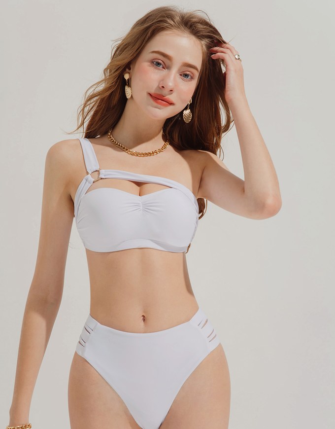 【PUSH IN 】One Shoulder Hollowed Cut Out Bikini Top Bra Padded