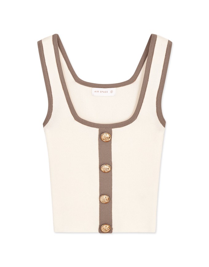 Vintage Button Contrast Knit Crop Tank Top