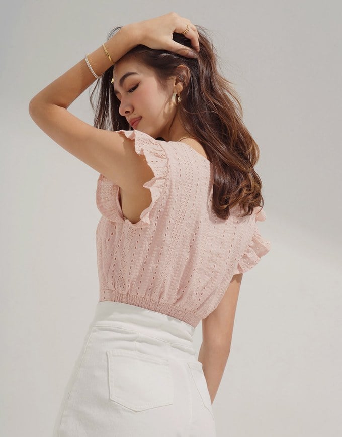 Eyelet Lace Ruffled Sleeve Crop Top