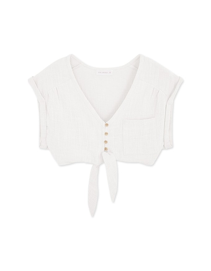 Crinkled Front-Tie Sleeveless Crop Cotton Top
