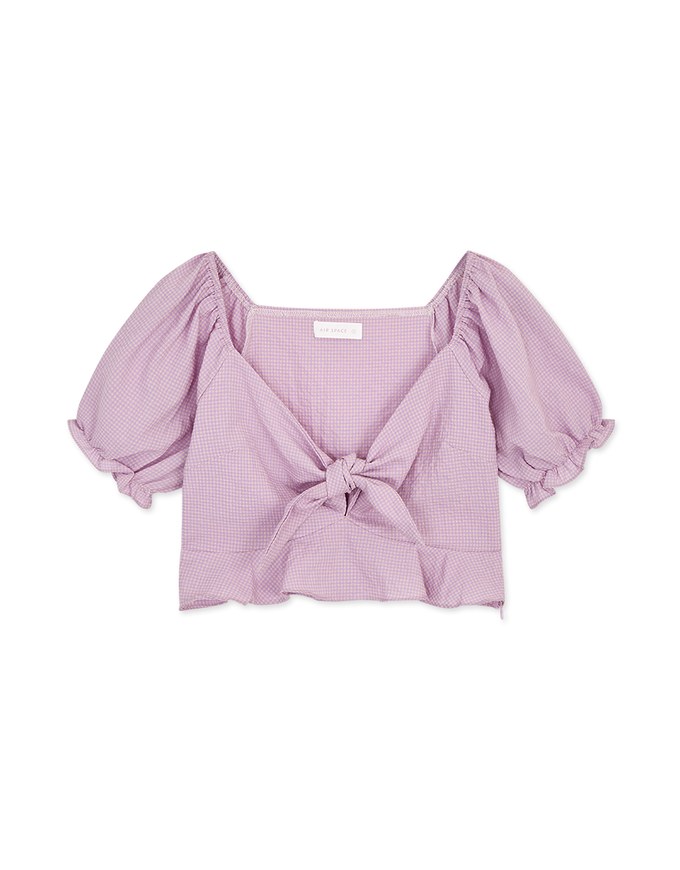 Fine Checkered Front Knot Puff Sleeve Crop Top