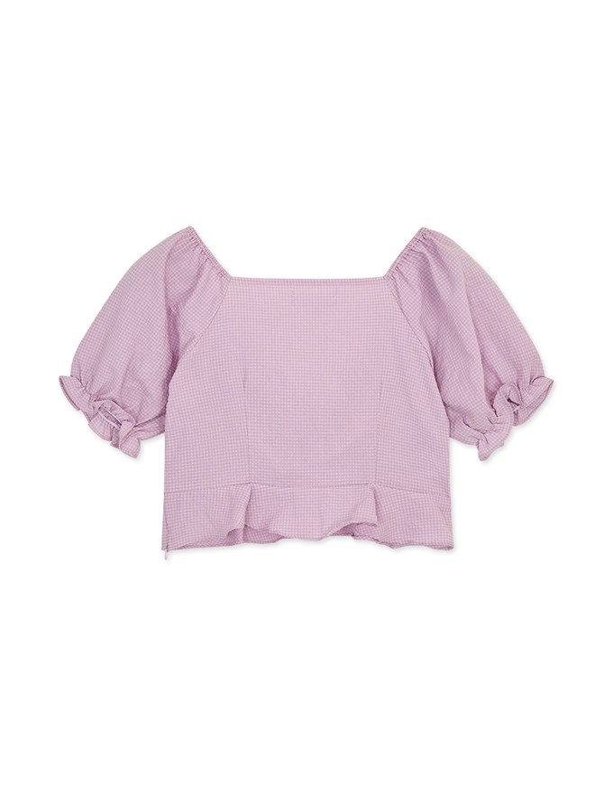 Fine Checkered Front Knot Puff Sleeve Crop Top