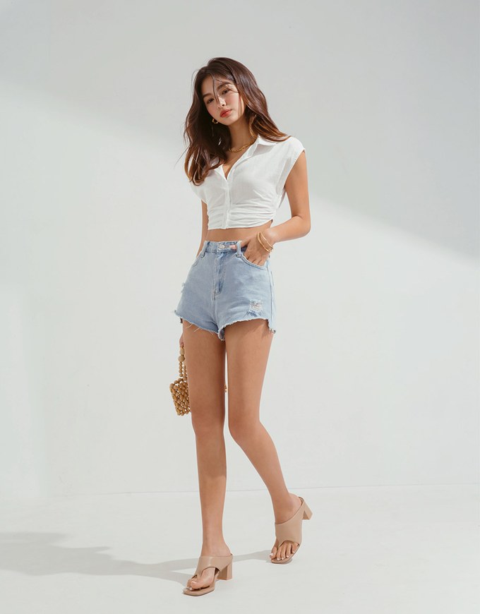Micro-Permeable Pleated Lapel Crop Top