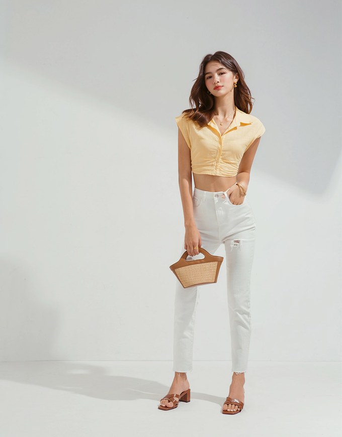Micro-Permeable Pleated Lapel Crop Top