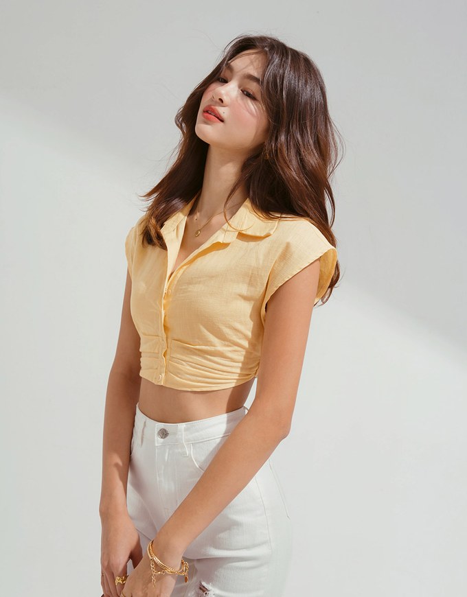 Micro-Permeable Pleated Lapel Crop Top