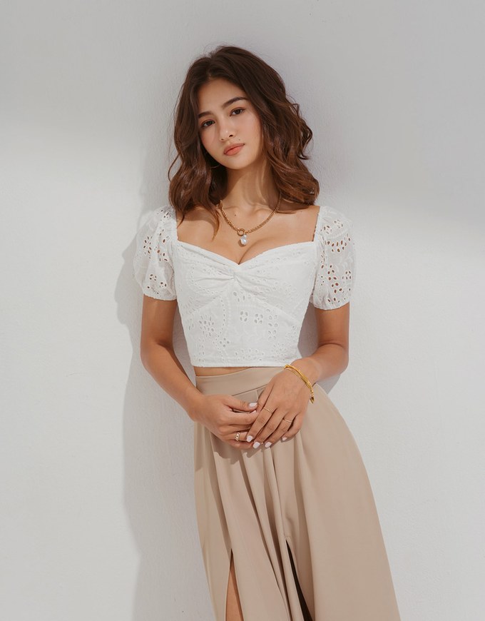 Embroidered Square Neck Twist Crop Top