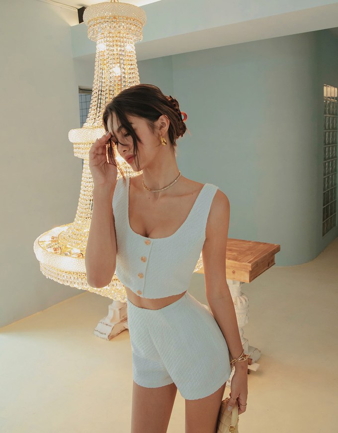 Tweed Gold Button Short Vest