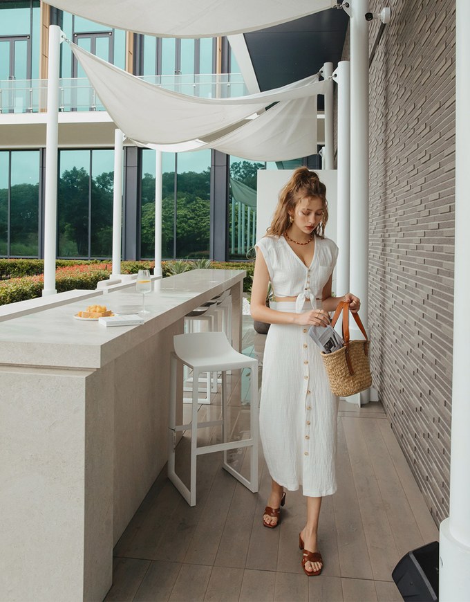 Crinkled Button Down Slit Maxi Skirt