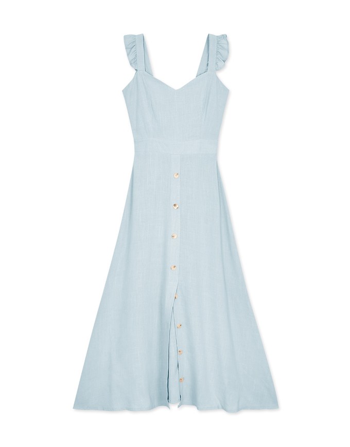 Soigné Ruffled Shoulder Strap Slit Maxi Dress