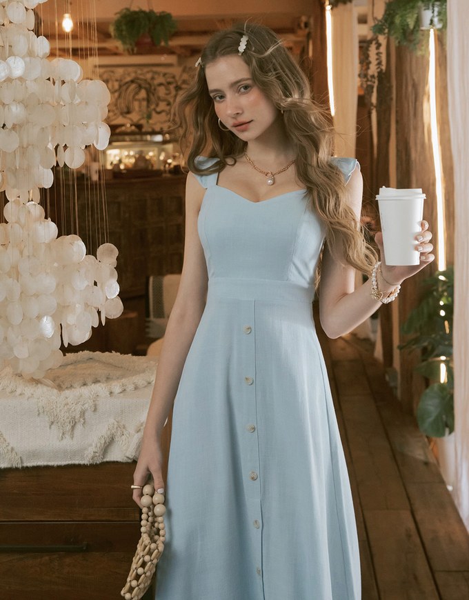 Soigné Ruffled Shoulder Strap Slit Maxi Dress