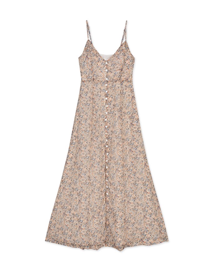 Thin Strap Ditsy Floral Button Down Slit Maxi Dress (With Padding)