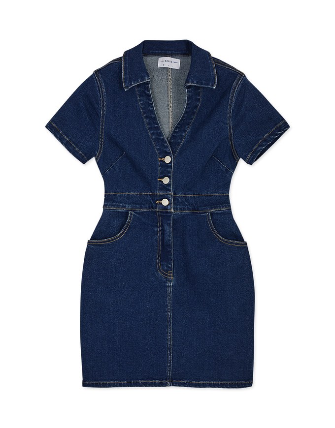 Deep V Lapel Fitted Short Denim Jeans Dress