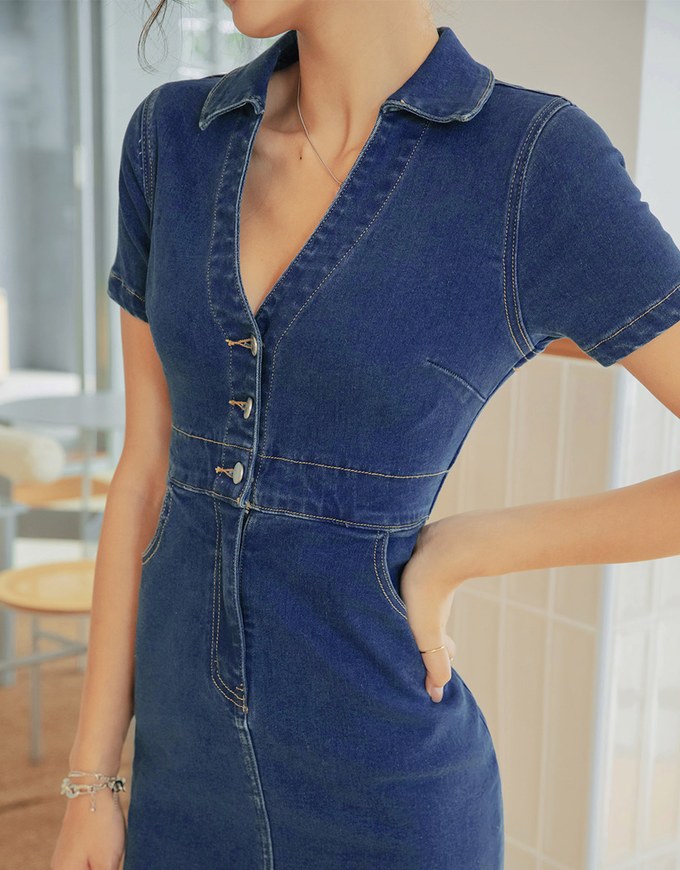 Deep V Lapel Fitted Short Denim Jeans Dress